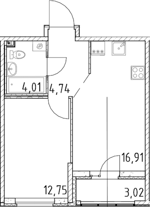 1-комнатная квартира 38.41 м², 7/23 эт., ЖК «Город Первых»